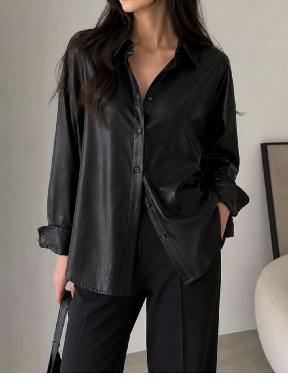 Zara Black Faux Leather Button-Up Shirt
